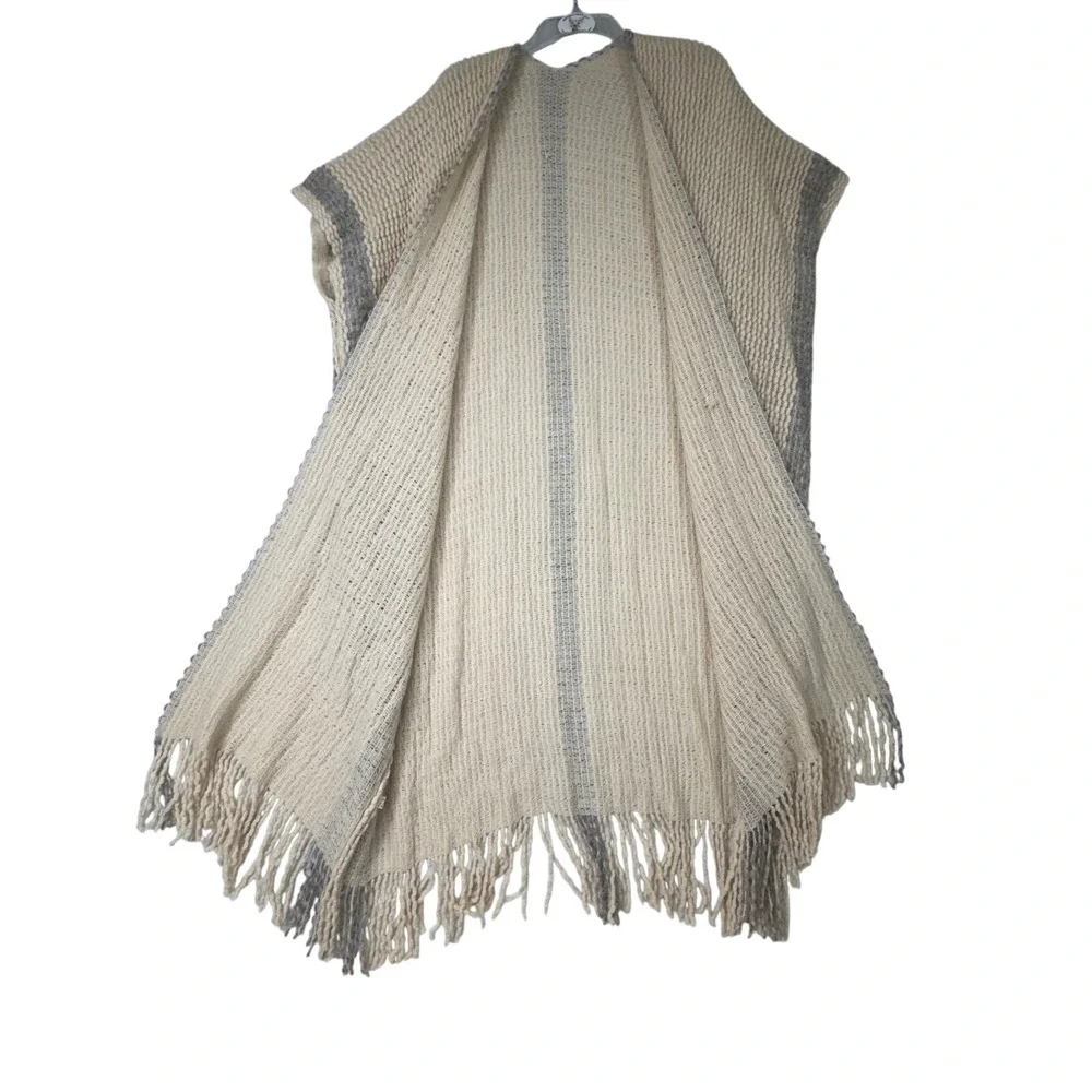Long Fringe Duster‎ Cardigan Vest Sleeveless Open Front Knit Sweater Beige Gray - Picture 2 of 6